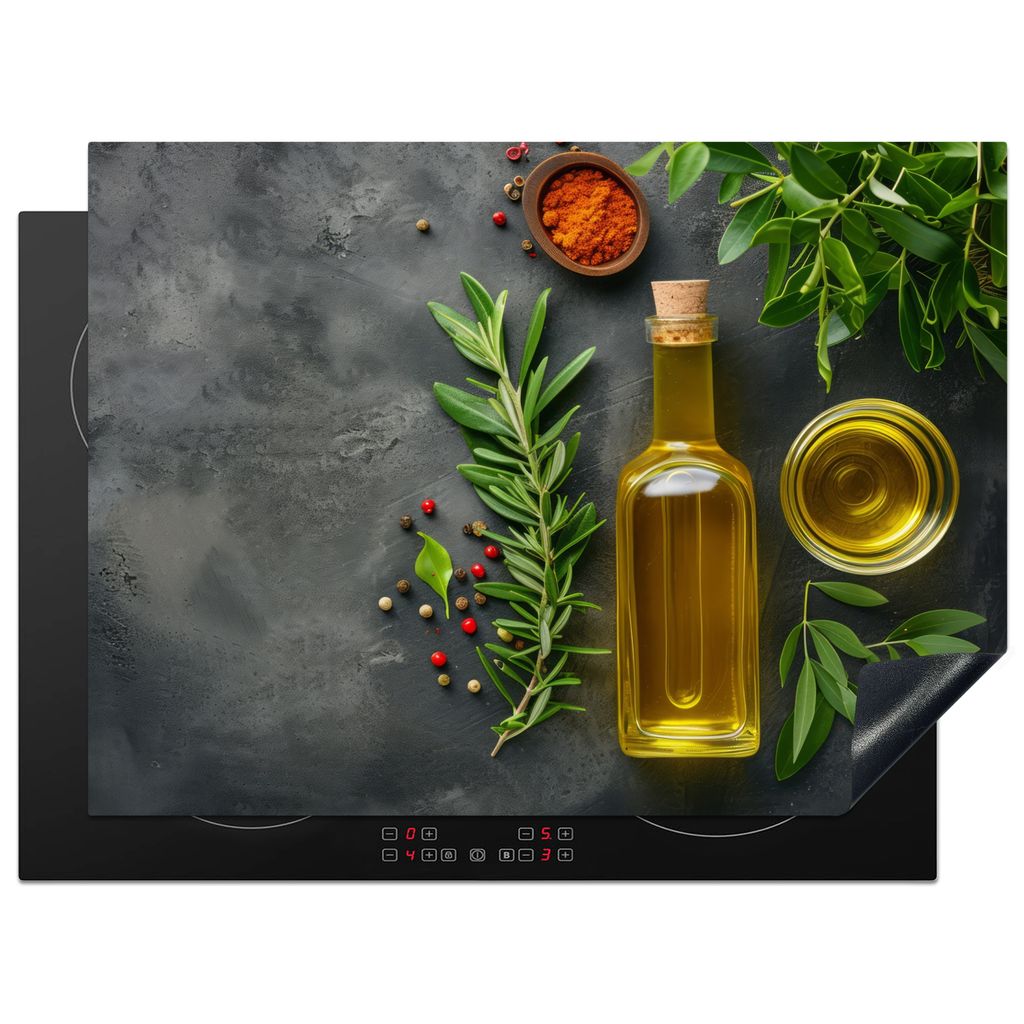 KitchenYeah Herdabdeckplatte Olivenöl - Beton - Gewürze , 71x52cm, Küche Deko, Glaskeramikkochfeld Herdabdeckung, Abdeckplatte fùr Kochfeld