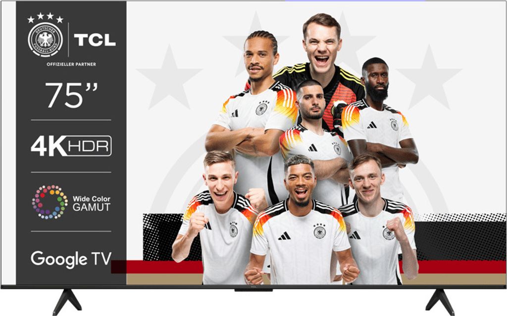 A group of soccer players in uniform are posing for a photo in front of a white background with stars and the German flag colors.