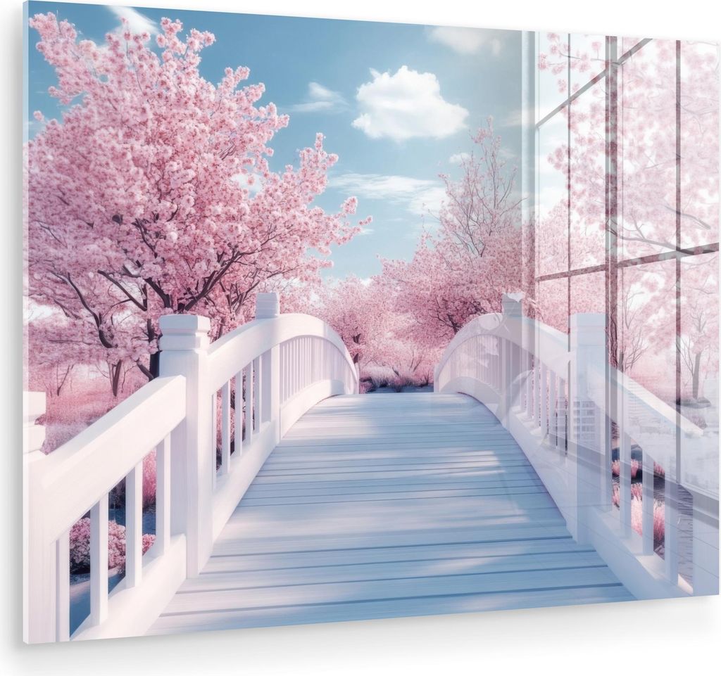 MuchoWow Glasbilder - Bilder auf Wandbild - Foto auf Glas Brücke - Kirschbäume - Weiß 40x30 cm Wanddekoration aus Glas - Acrylglasbild - Acrylbi...