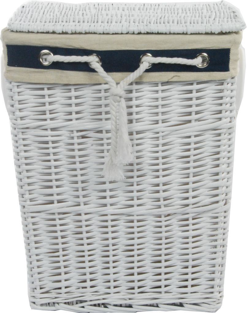 A white wicker laundry basket with a navy and beige fabric trim and a drawstring closure.