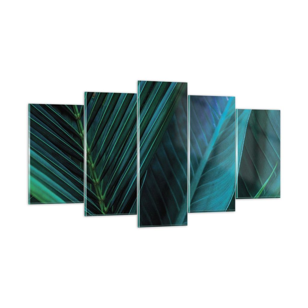 Bilder auf glas - 5 Teile - Blatt Tropen Grün - 160x85cm - Glasbilder - Wandbilder - Bilder - zum Aufhängen bereit - Wanddekoration aus Glas - Gl...