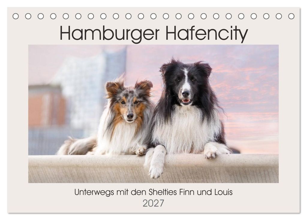 Hamburger Hafencity - Unterwegs mit den Shelties Finn und Louis (Tischkalender 2027 DIN A5 quer), CALVENDO Monatskalender