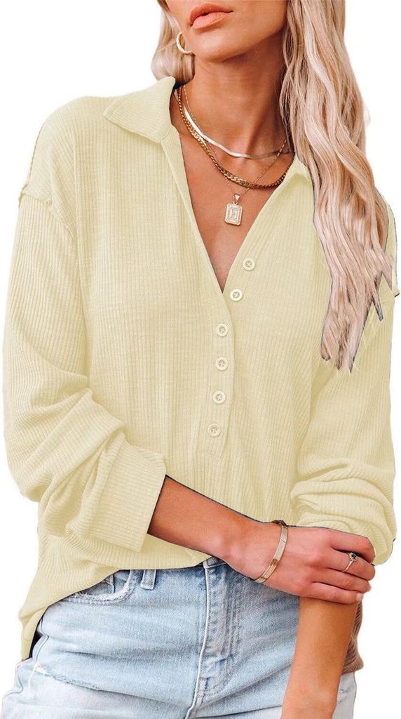 ASKSA Damen Baumwolle Blusen V-Ausschnitt Tops Langarm Einfarbig Knopf Tunika Shirts Oberteile, Aprikose, 3XL