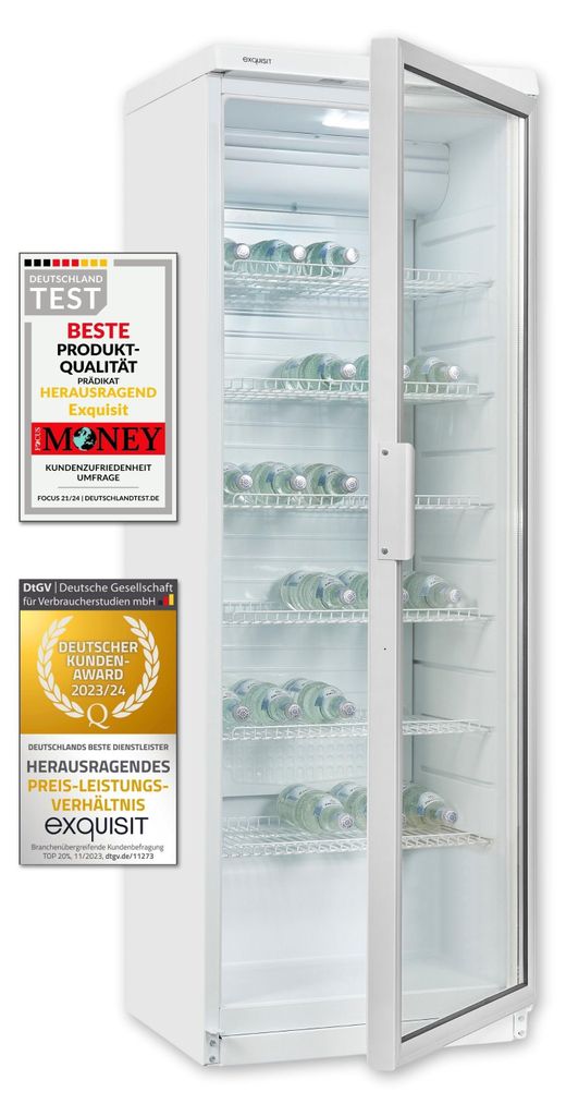 A white glass-door refrigerator is shown with its door open, displaying multiple shelves stocked with bottles. Several award badges are affixed to the left side of the refrigerator.