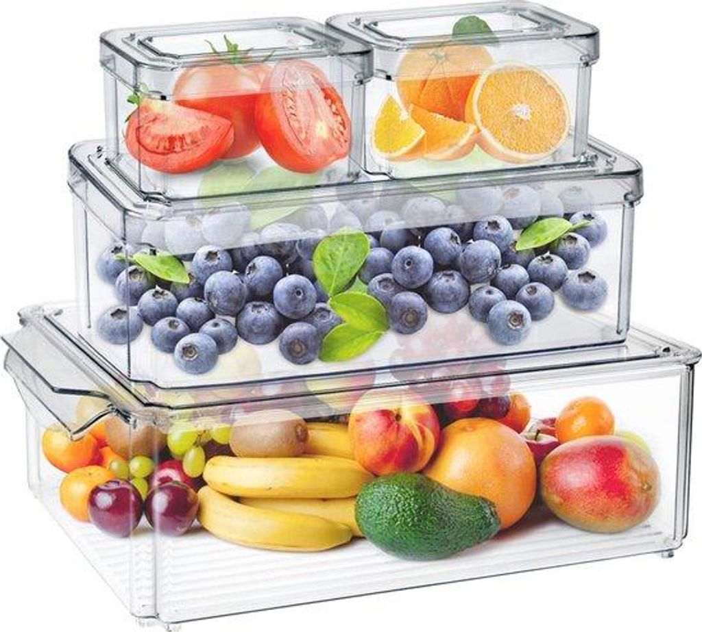 Kühlschrankorganisationssatz, 4-teilig, stapelbar, durchsichtig, stapelbare Aufbewahrungsbox, ideal für Küche, Kühlschrank, Schränke, BPA-frei