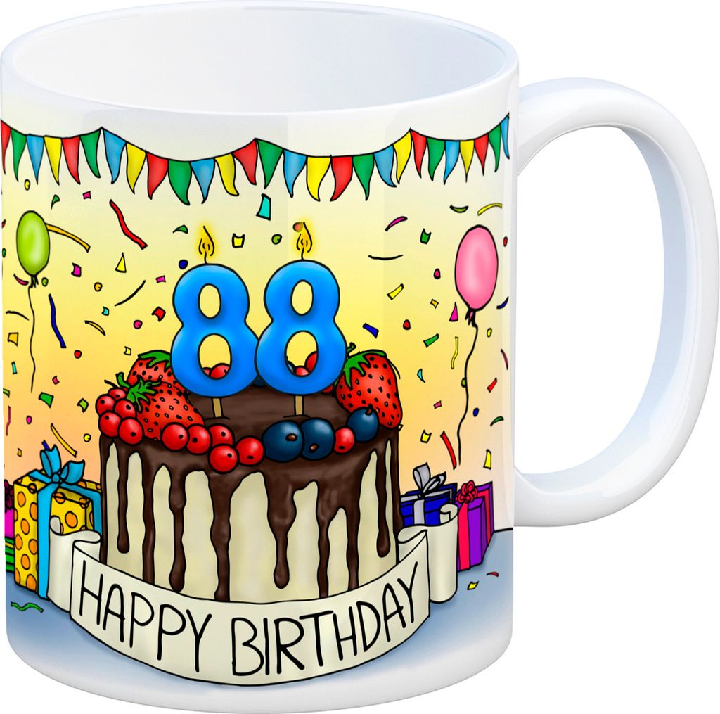 88. Geburtstag Tasse mit Kuchen und Geschenk und Anhänger: zum 32142. Tag