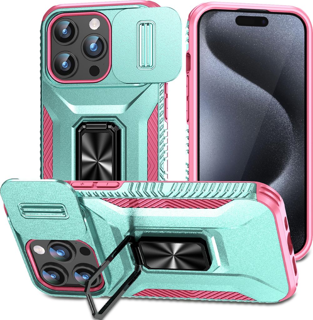Handyhülle für iPhone 15 Pro Dual Layer Hülle mit Schiebe Kamera Schutz und Ringhalter Ständer Türkis