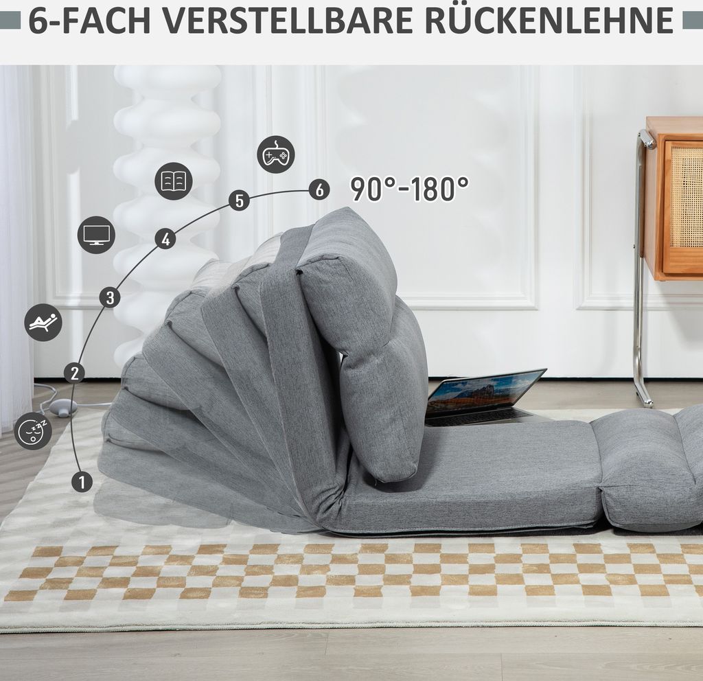 Bodenstuhl Mit Schlaffunktion - 6-fach Verstellbarer Klappsessel Mit Kissen