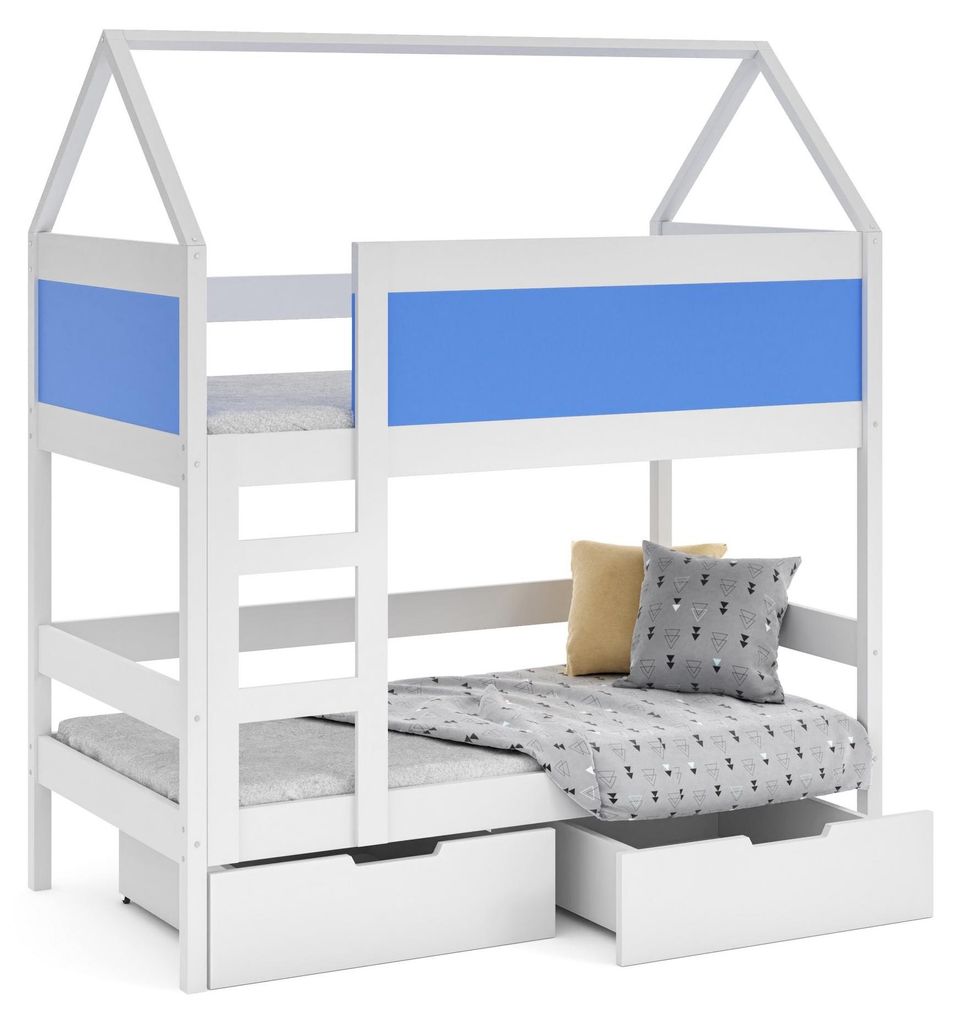 Masseno Etagenbett TAMI 80x160 cm mit Schublade, Rausfallschutz, Kinderbett mit Leiter für Mädchen und Jungs, Stockbett, Weiß