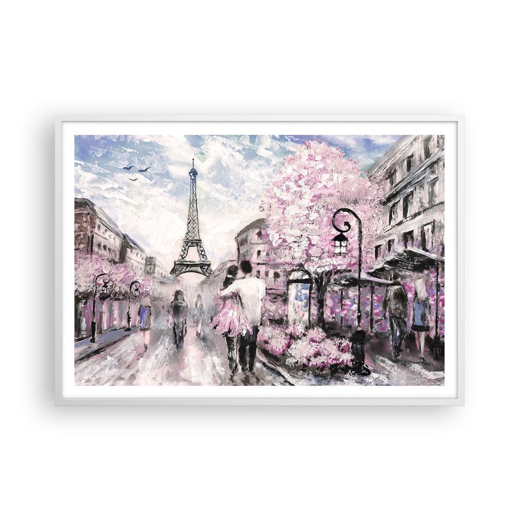 Gerahmtes Poster - Weißer Rahmen - Paris Weg Illustration eiffle - 100x70 cm - Wand Bild - Wanddeko - Wandbilder - Wandposter - Bilderrahmen - Bil...