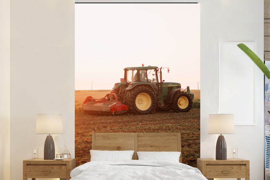 MuchoWow Fototapete für Wohnzimmer oder Schlafzimmer Wandtapete Vinyl Motivtapete Traktor - Feld - Bauernhof - Landwirt - Horizont - 145x220 cm ...