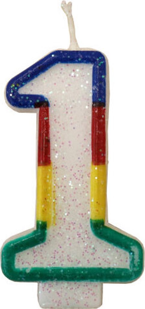 Tortenkerze, Zahlenkerze "1" Bunt glitzernd mit Halter für Produktbild 