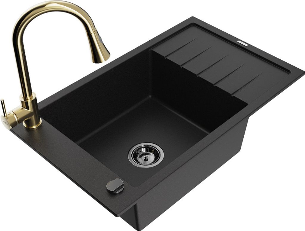 Mexen Elias 1 Becken-Granitspüle mit Abtropffläche und Mischbatterie Elia, Schwarz - 6511-77-670101-50-B