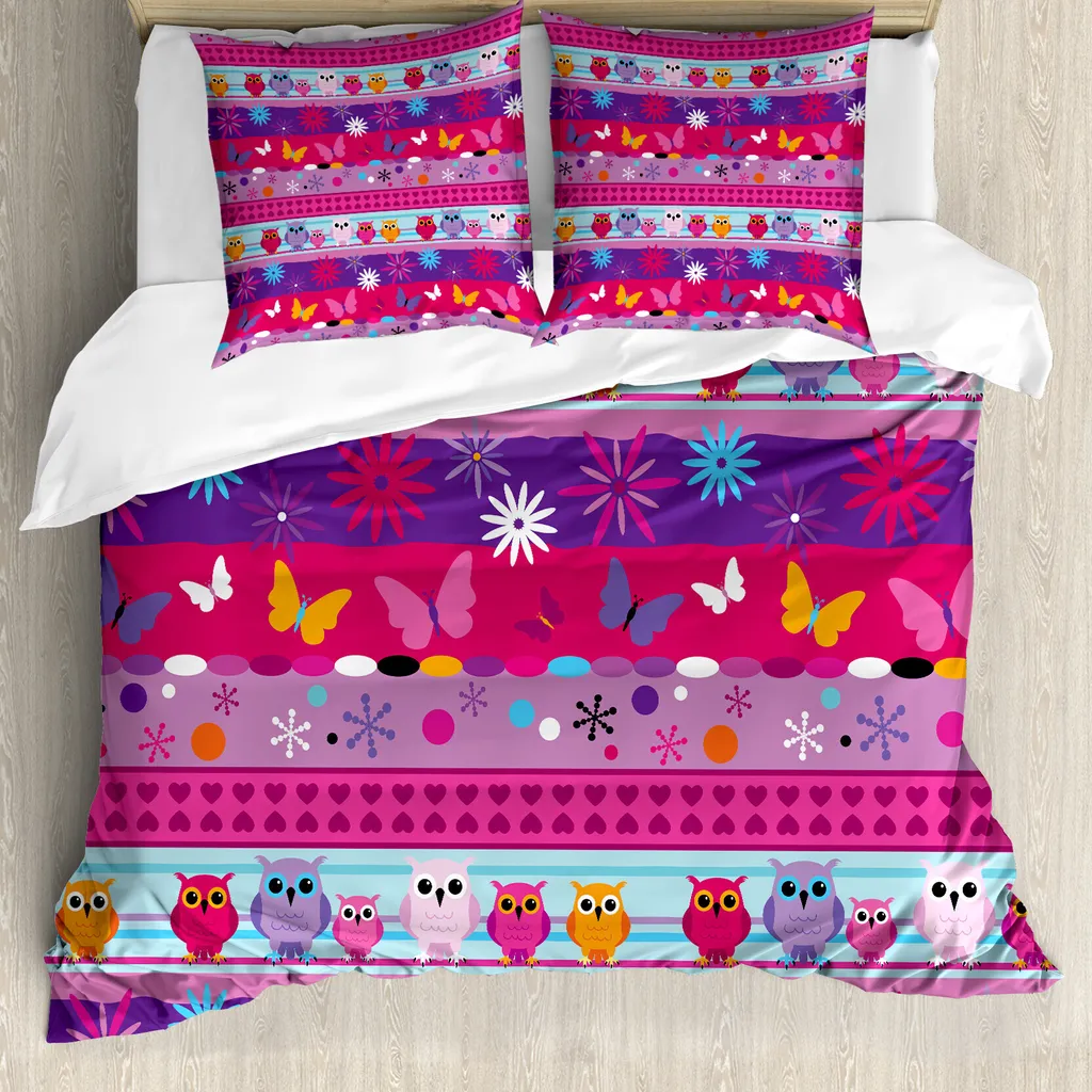 ABAKUHAUS Copripiumino Gufo, Gufi e fiori cartoon, Antiacaro Adatto a chi soffre di allergie con federe, 200 cm x 200 cm - 80 x 80 cm, Multicolore