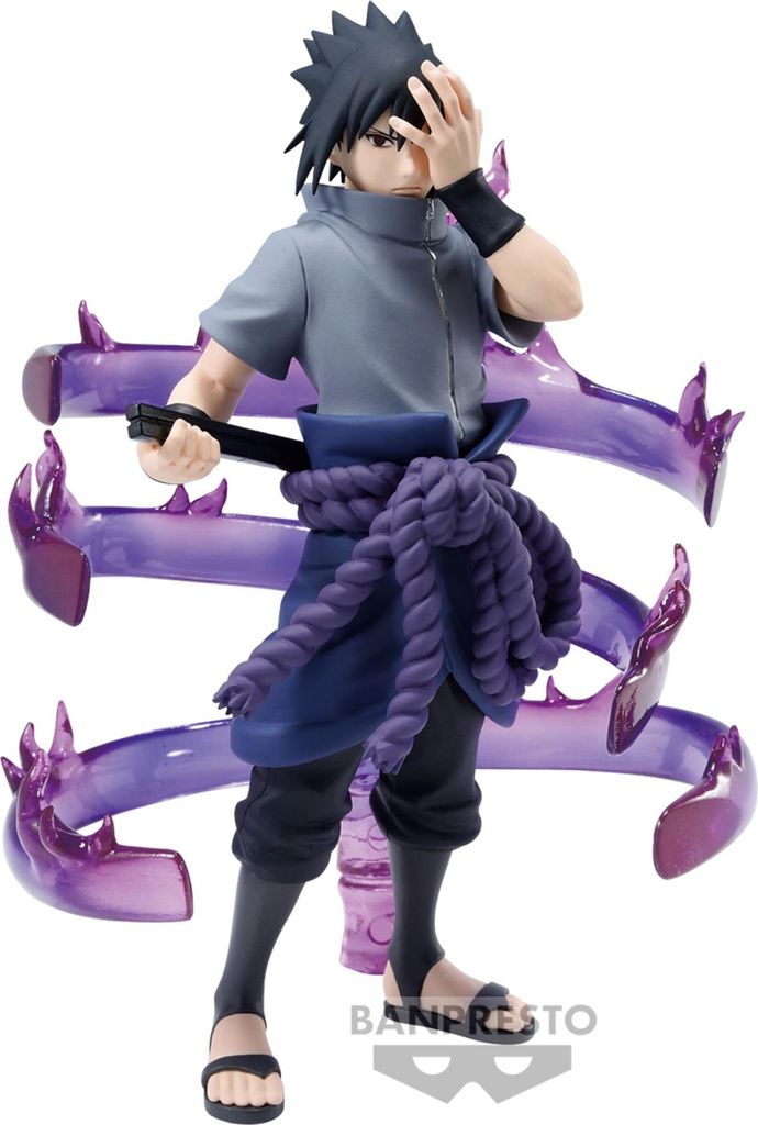 A figurine of Sasuke Uchiha from Naruto Shippuden, with purple energy effects.