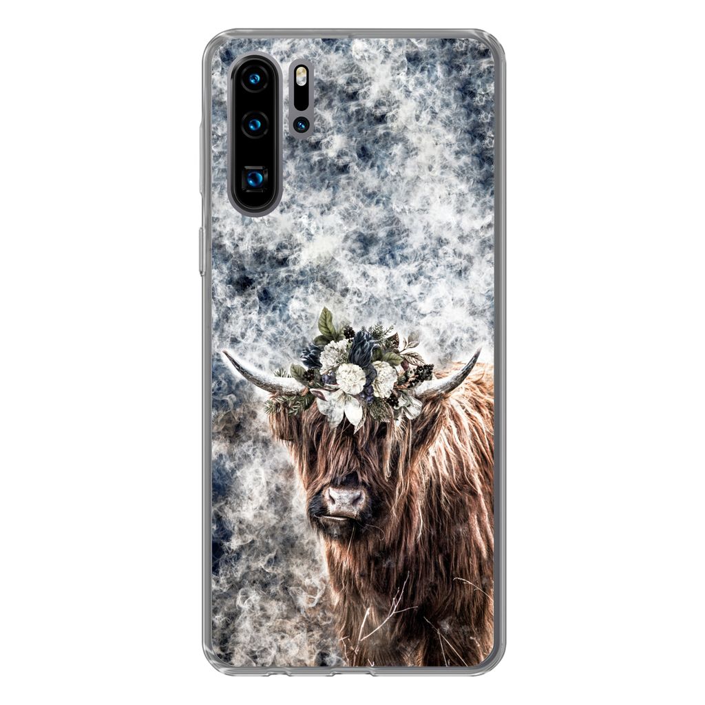 MuchoWow Handyhülle Schutzhülle Hülle für Huawei P30 Pro Schottischer Highlander - Rauch - Blumen Silikon Softcase Handy Hülle - Schutzdeckel