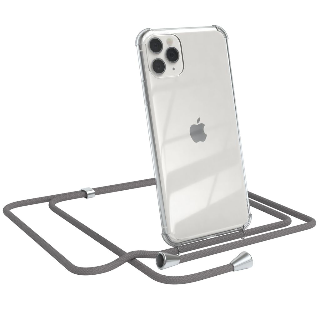 EAZY CASE Handykette kompatibel mit Apple iPhone 11 Pro Max, Handyhülle mit Umhängeband, Handykordel, Schutzhülle Clear, Band in Grau