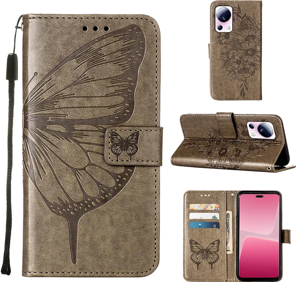 Custodia a Libro Xiaomi 13 Lite 5G Grigio - Farfalle in Rilievo Pelle