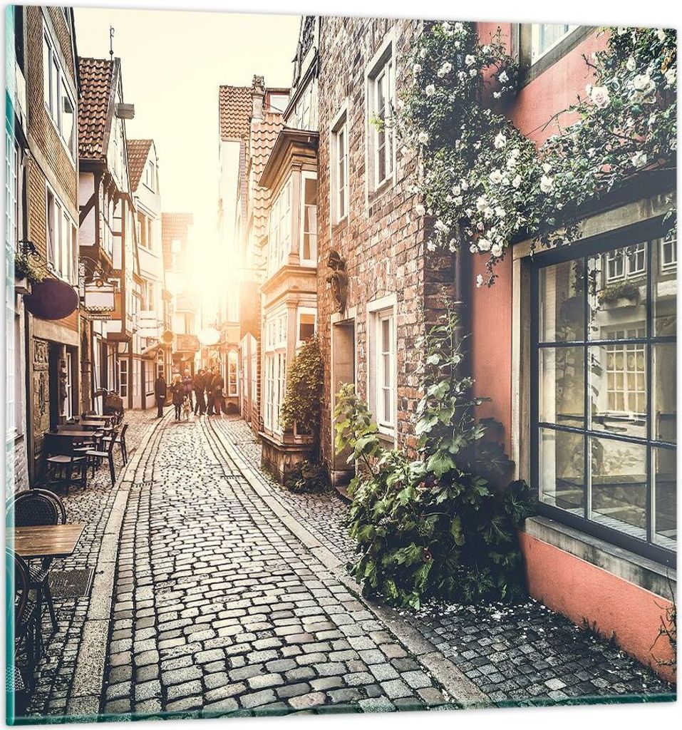 Bilder auf glas - Straße Haus Leute - 50x50cm - Glasbilder - Wandbilder - Kunstdruck - zum Aufhängen bereit - Wanddekoration aus Glas - Glas Bild...