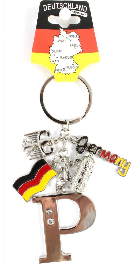 Schlüsselanhänger "P" H.: 11cm Buchstaben/Letter/Initalien/Alphabet/ABC mit Glitzersteinen & Charms Bierkrug/Adler/Deutschland-Fahne/Germany