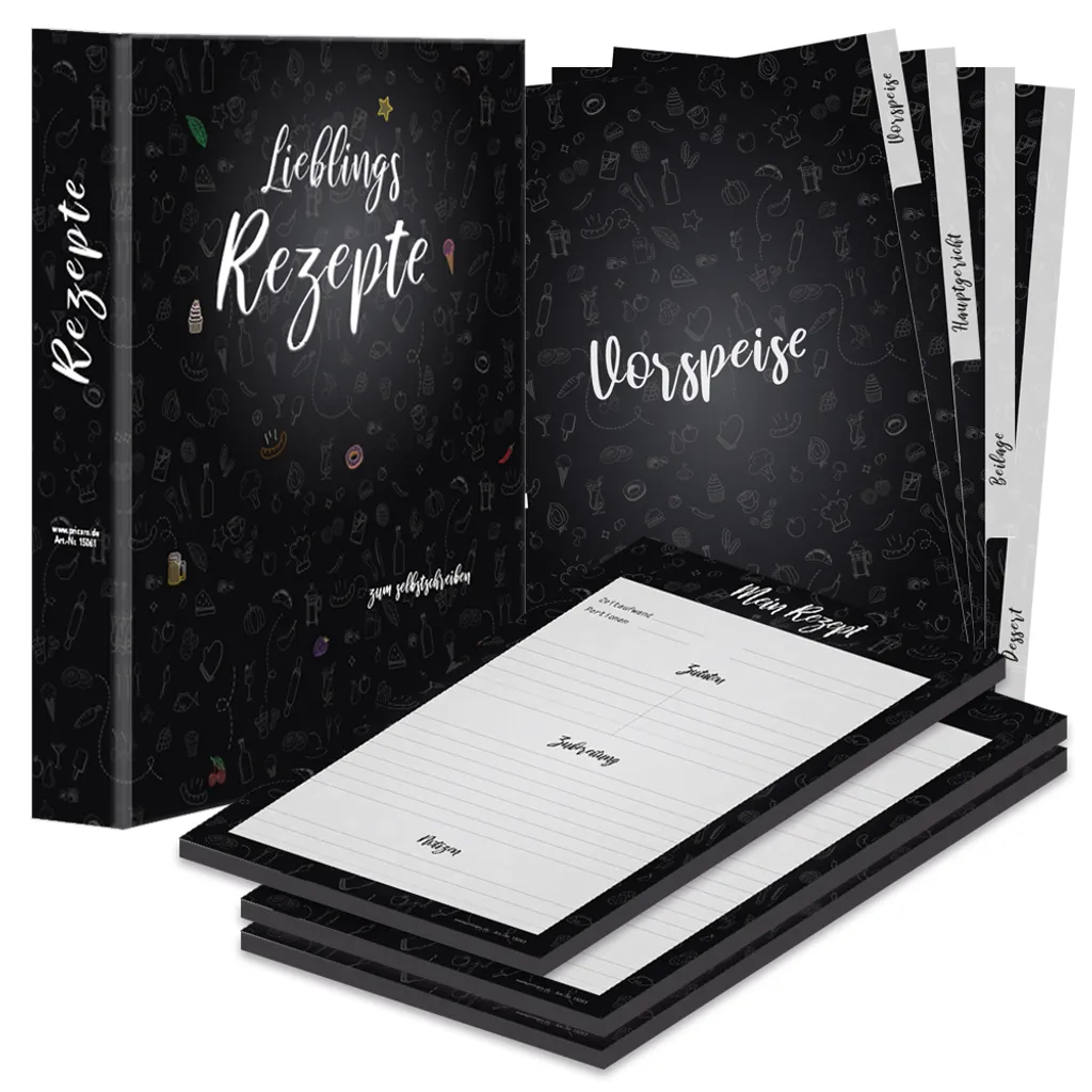 PRICARO Set completo di cartelline per ricette "Doodles Black", A4, 8 pezzi