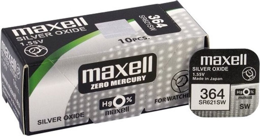 A box of Maxell 364 silver oxide watch batteries, with one battery shown separately.