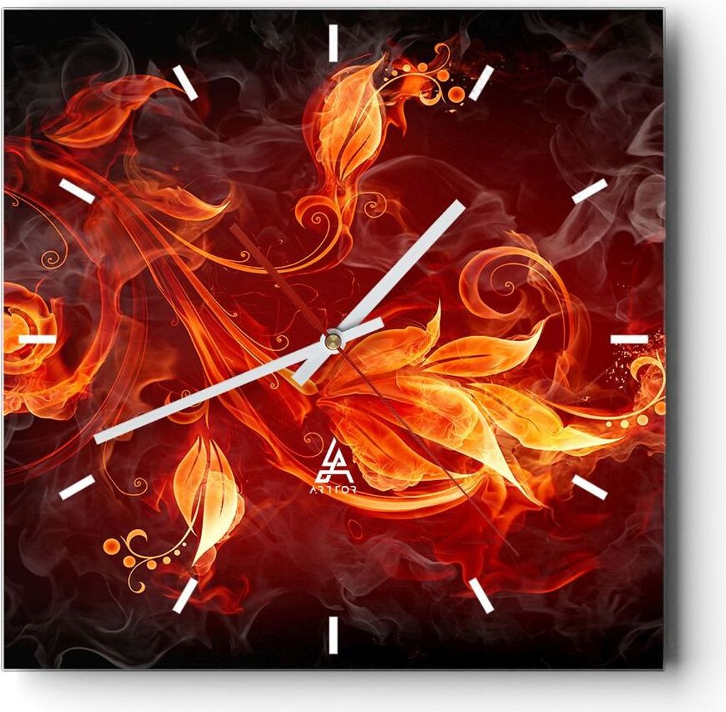 Wanduhr - Quadrat - Glasuhr - Blätter Feuer Muster - Produktbild 