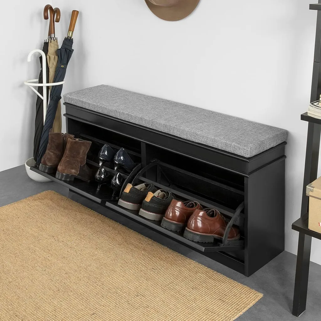 SoBuy Meuble Chaussures Noir avec Banc Confortable à 2 Abattants - 6