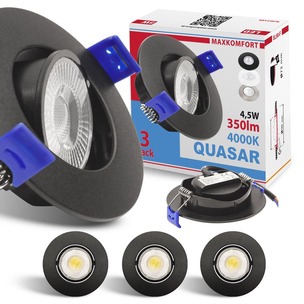 Maxkomfort 3er Set LED Einbaustrahler Schwarz - Schwenkbar Produktbild 