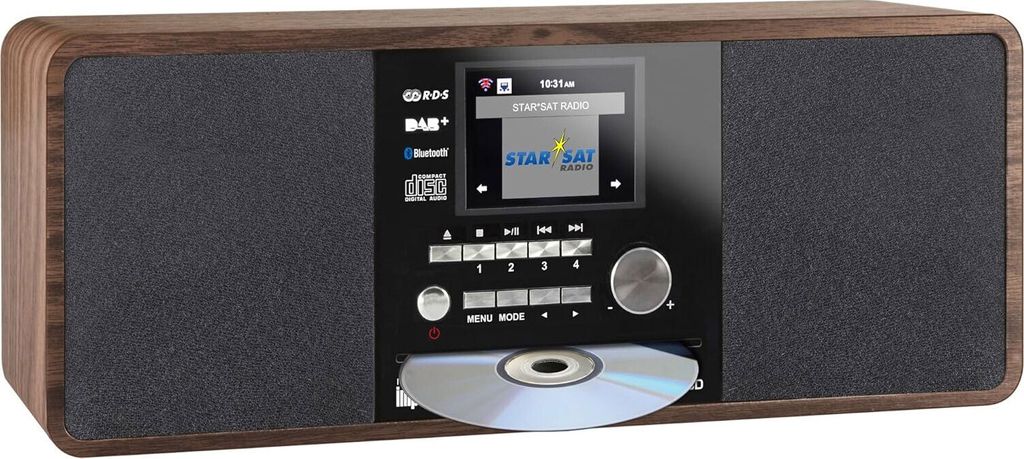 A front-facing studio shot of a wooden-effect radio with a CD player and a screen displaying information.