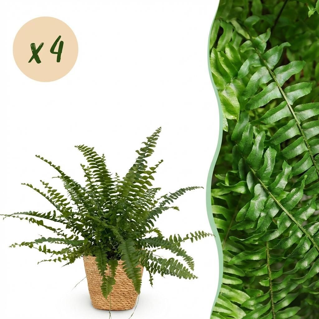 Green boutiQ - Zimmerpflanze - Nephrolepsis exaltata Green Lady - Farn - Haustierfreundliche Pflanze - Grün - 4 Pflanzen - mit Korb - Topf 12cm - ...