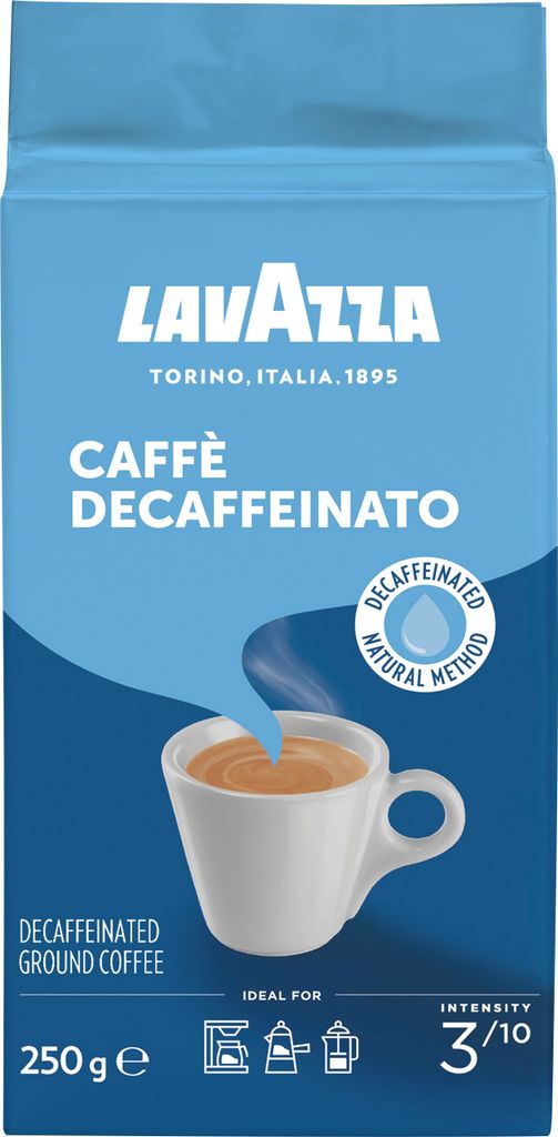 A bag of Lavazza Caffe Decaffeinato ground coffee with a cup of coffee depicted.