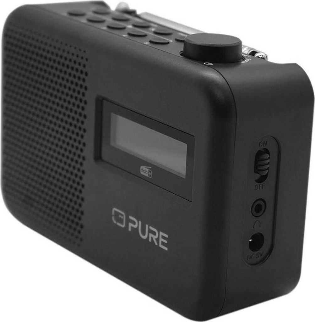 A black PURE digital radio is shown from a side angle against a white background.