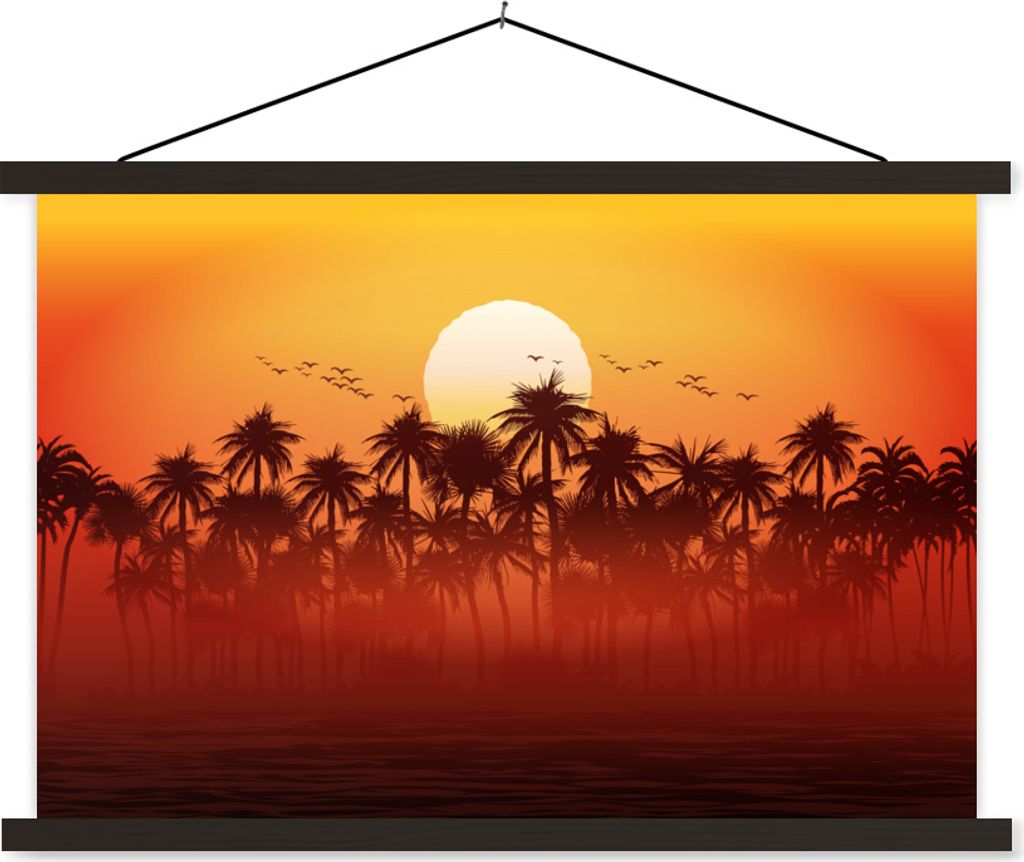 MuchoWow Textilposter Palme - Sonne - Vogel 120x80 cm mit schwarzem Rahmen - Wanddeko
