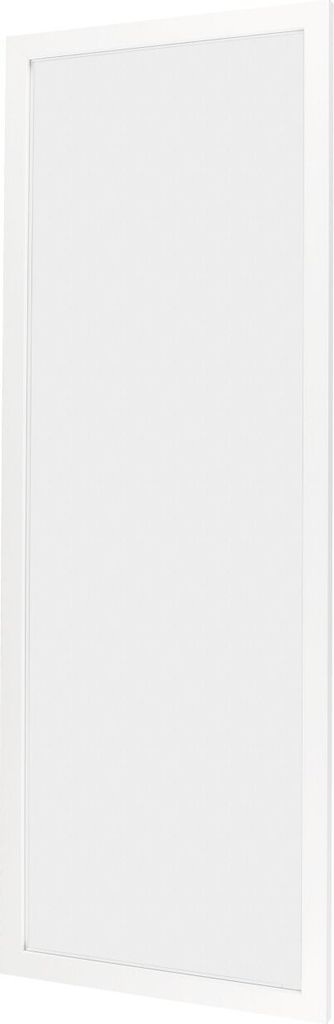 A plain white background with a white framed mirror.