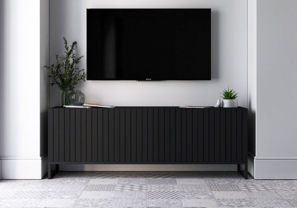 TV-Schrank Glamour RTV RTV-Schrank Elpis - Viertürig - Modern - Lindner Möbel - 150cm x 51,5cm x 36,5cm, Farbe: Schwarz matt Rahmen: Schwarz - Me...