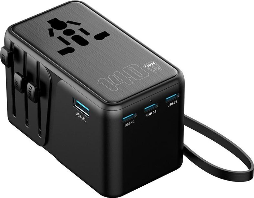 GaN Universal Reiseadapter PD140W 4-Port USB Ladegerät 3×USB-C + USB-A Schnellladegerät EU/US/UK/AU Steckdosenadapter mit Kabel