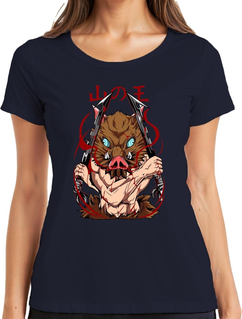 Inosuke Wildschwein Maske Dämonenjäger Dualklingen Anime Geschenk Damen T-Shirt, Navy, L