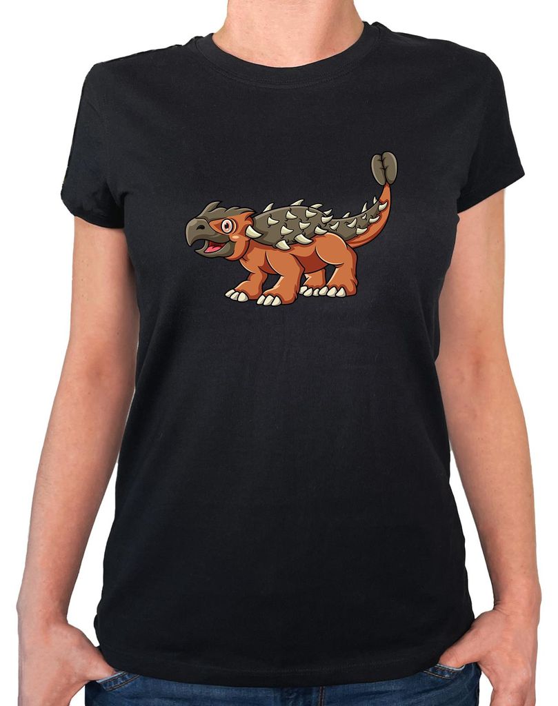Huuraa Damen T-Shirt Ankylosaurus Dinosaurier M Black Bio Baumwolle Fairtrade Damenshirt Geschenkidee