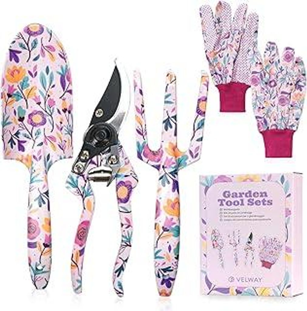 Gardening Gifts for Women Mum - Velway 5-Piece Gardening Tools with Gift Box&Gloves Floral Print Metal Garden Tools Set Ideal Gardening Gifts for L...