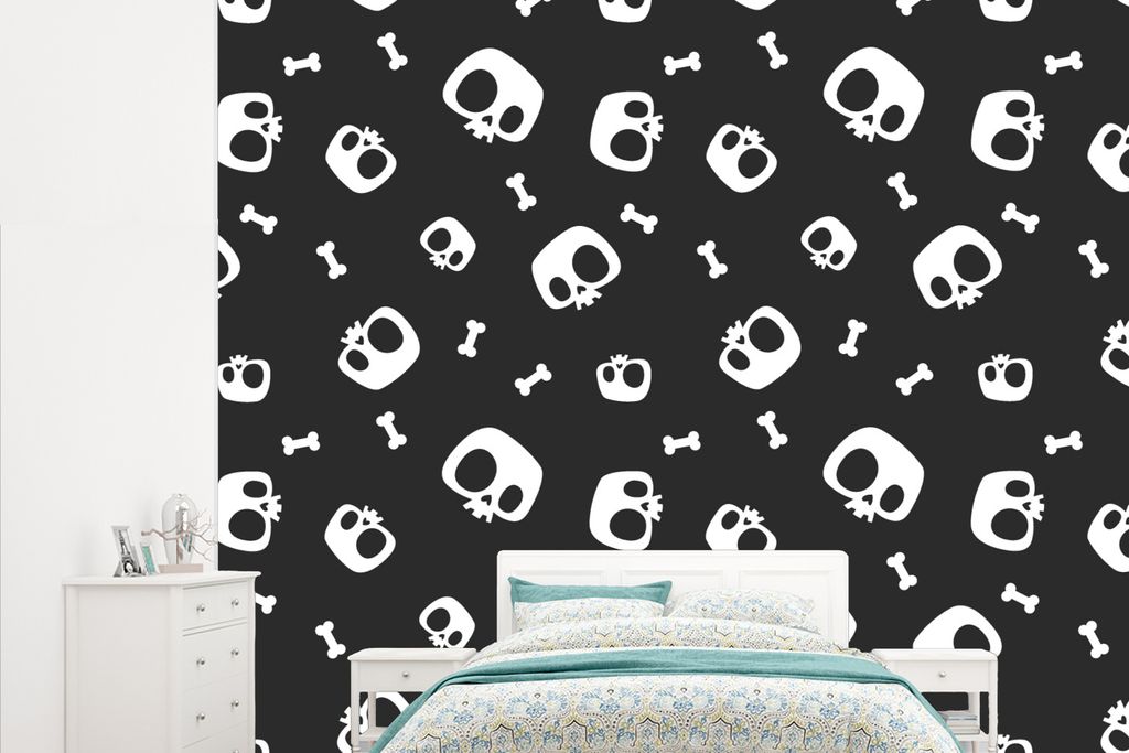 MuchoWow Fototapete für Wohnzimmer oder Schlafzimmer Wandtapete Vinyl Motivtapete Muster - Schädel - Skelett - Knochen - Junge - Kinder - Kinde...