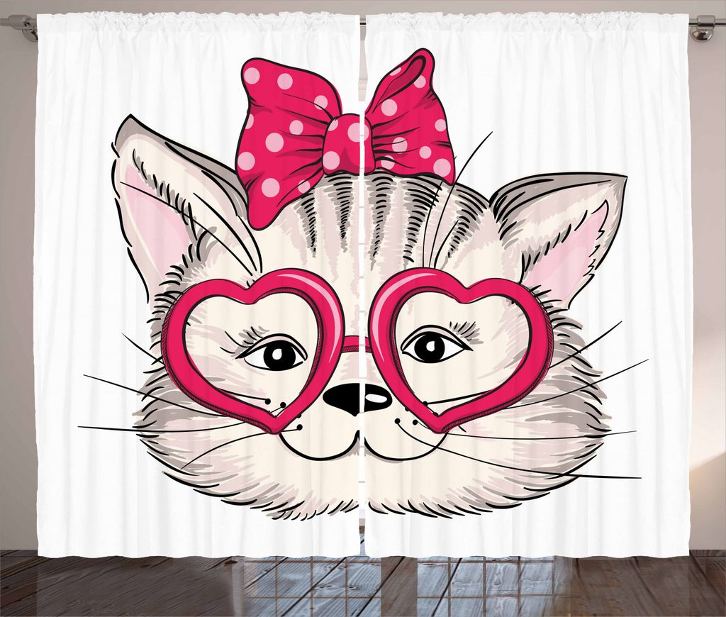 ABAKUHAUS Katze Rustikaler Vorhang, Herzform Gläser Bow, Wohnzimmer Universalband Gardinen mit Schlaufen und Haken, 280 x 225 cm, Magenta Beige Sc...