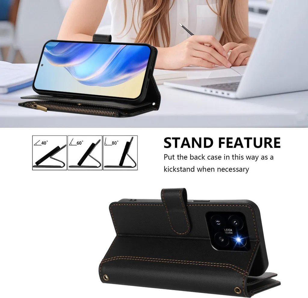 WBWONE Cover per Xiaomi Mi 14 Pro, Custodia a Portafoglio in Pelle Premium con funzione di supporto e Slot per Carte - Nero