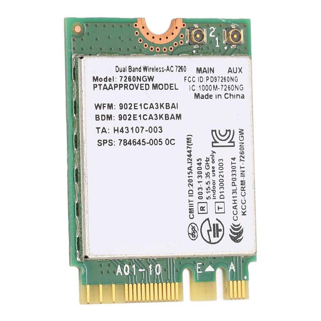 A close-up, top-down view of a wireless network card on a white background.