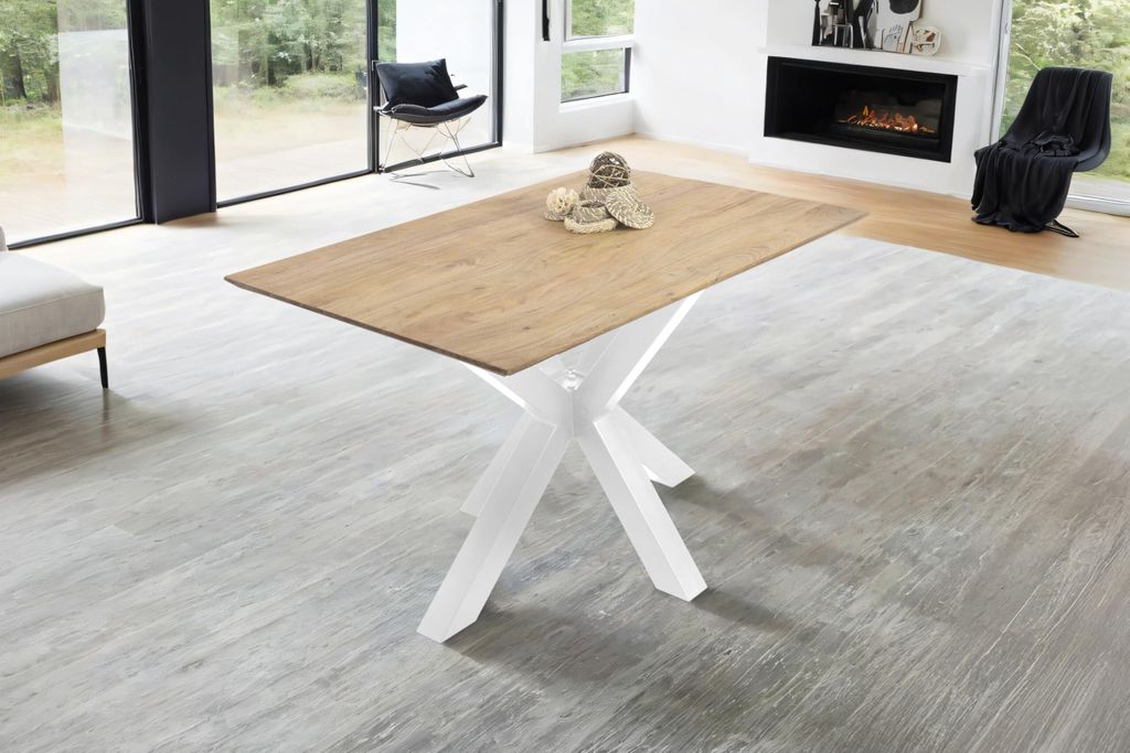 Esstisch 160 x 85 cm Dean, Massivholztisch Eiche, Schweizer Kante, Esszimmertisch mit Spider-Gestell aus Metall Weiß, pflegeleichter Holztisch