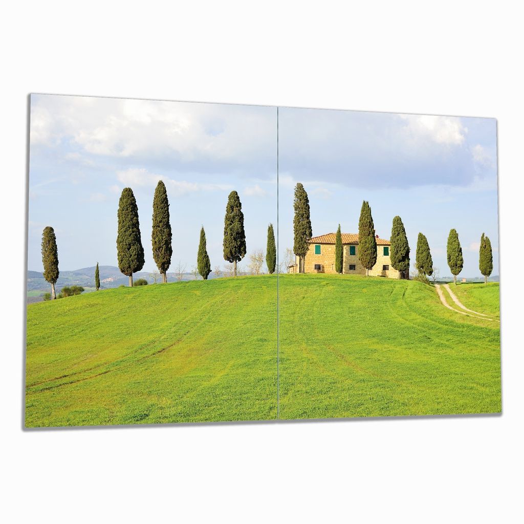 Wallario Herdabdeckplatte aus Glas, Größe 80 x 52 cm 2-teilig, Motiv Villa auf einem Hügel in der Toskana