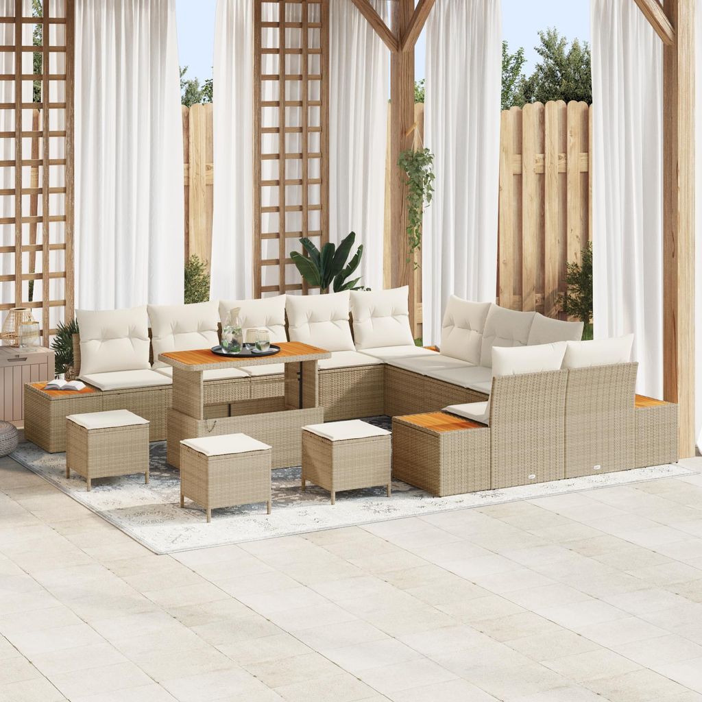14-teiliges Garten Sofa Set mit Kissen Beige Poly Rattan Akazie, Design Gartensofas Neu