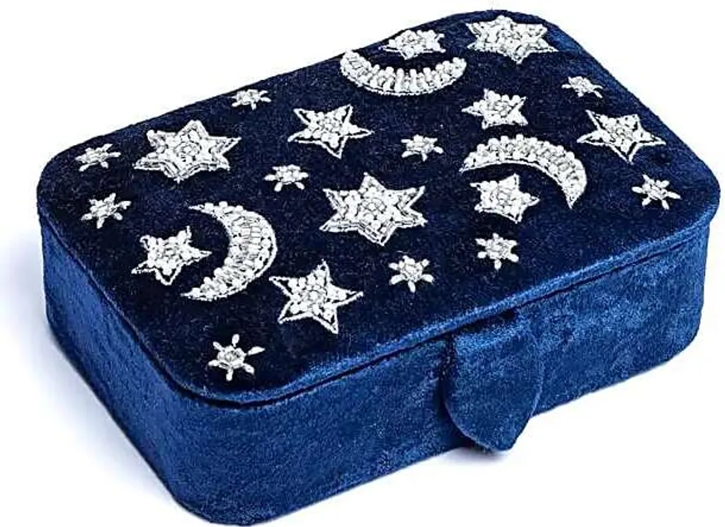 Rangement Tarot et Bijoux Voyage Velours Bleu Lune Étoiles Compact