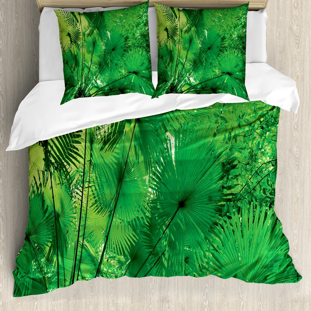 ABAKUHAUS Copripiuma Rainforest, piante esotiche della giungla, antiacaro, adatto a chi soffre di allergie, con federe, 200 cm x 200 cm - 80 x 80 cm, verde