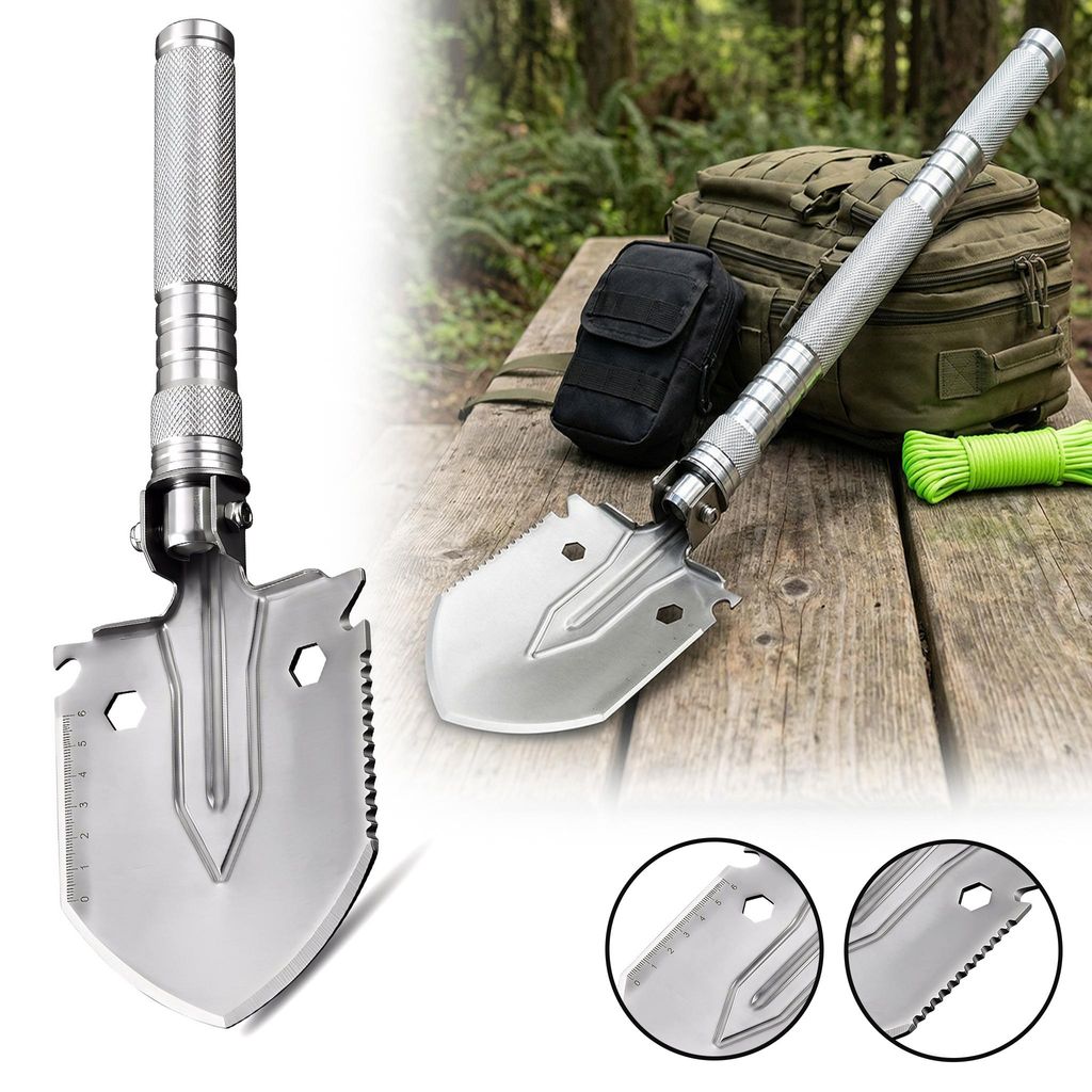 UISEBRT Multifunktionsschaufel Klappspaten Spaten Edelstahl Outdoor Camping Survival Schaufel mit Kompass Maßskala Säge Hacke Garten Auto Notfall